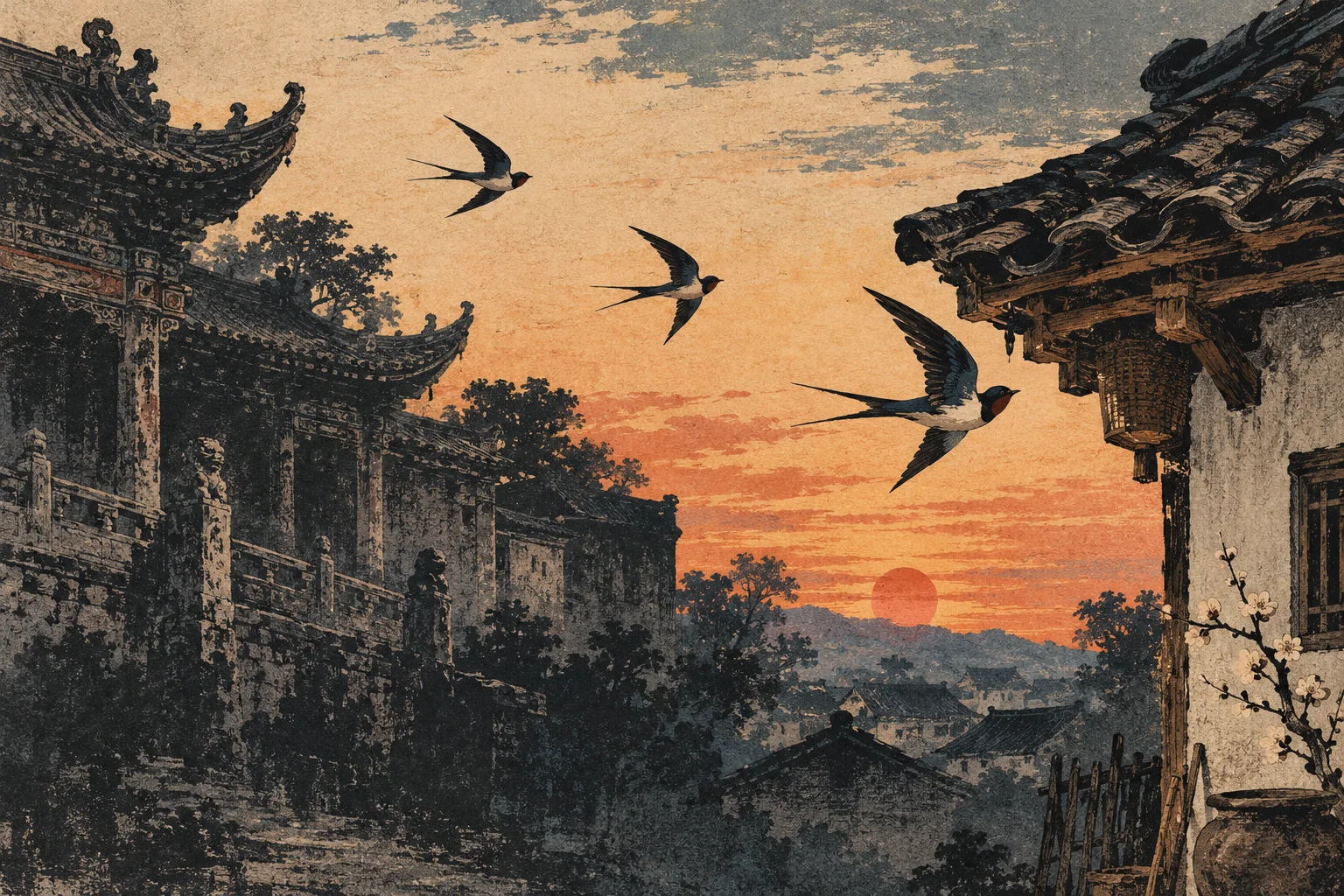 夕照中,燕子掠过旧时高门,飞向寻常人家的屋檐